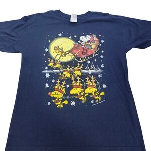 Vintage Peanuts Snoopy Santa Woodstock Reindeer Christmas Navy Blue T-Shirt Lg